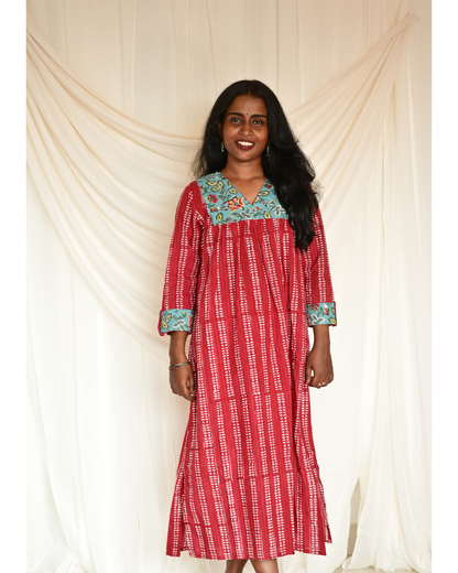 Gulmohar Red Handblock Printed Gatherd A-line dress kurti