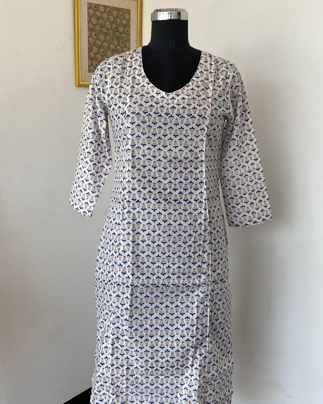 White And Blue Floral Hand Block  V Neck  Kurti
