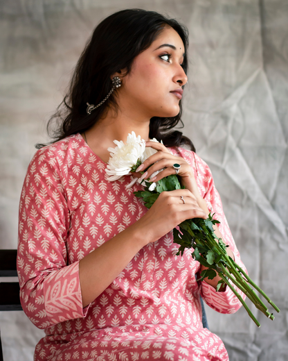 Baby Pink Dabu Hand Block Printed Kurti