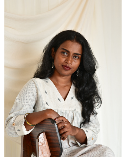 Gulmohar White Kantha Cotton Gatherd A-line dress kurti