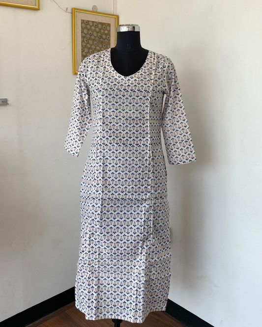 White And Blue Floral Hand Block  V Neck  Kurti