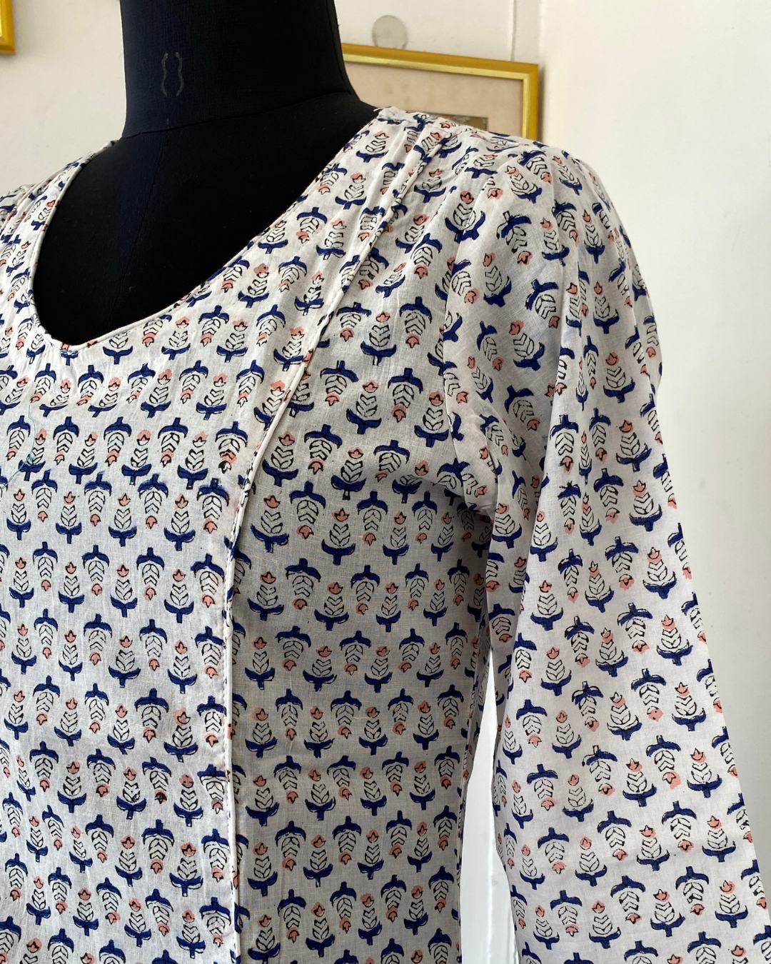 White And Blue Floral Hand Block  V Neck  Kurti