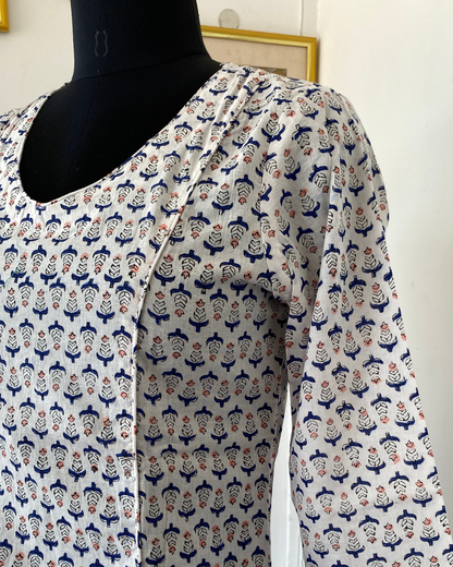 White And Blue Floral Hand Block  V Neck  Kurti