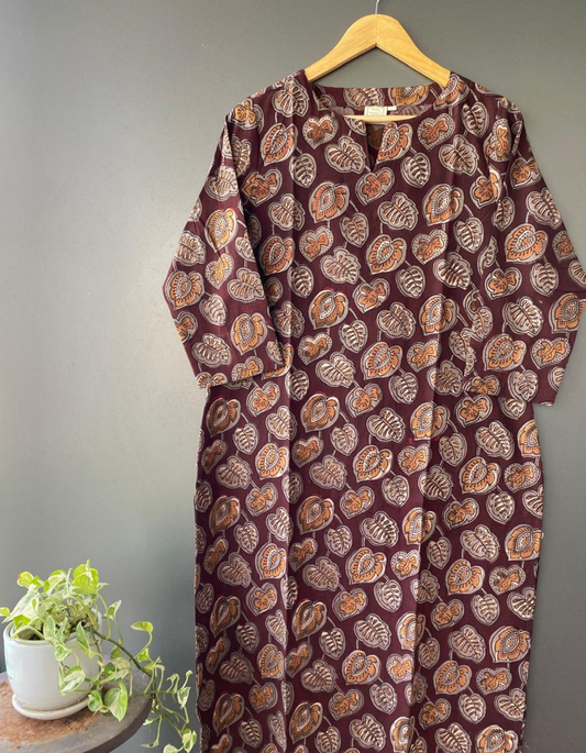 Brown Coffee Jahota Printed Slit Neck Kurti