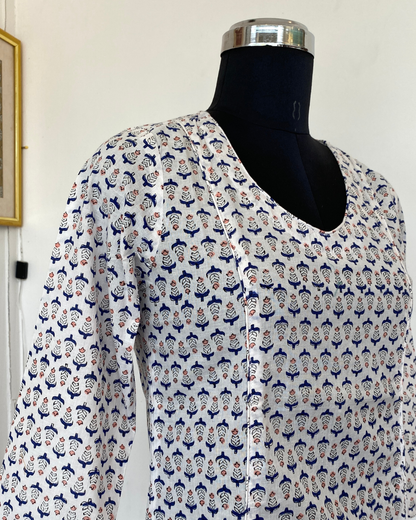 White And Blue Floral Hand Block  V Neck  Kurti