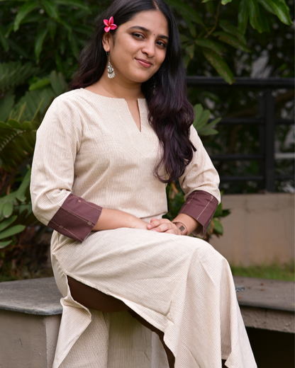 LEHRAA - Cream Striped South Cotton Slit Neck Kurti