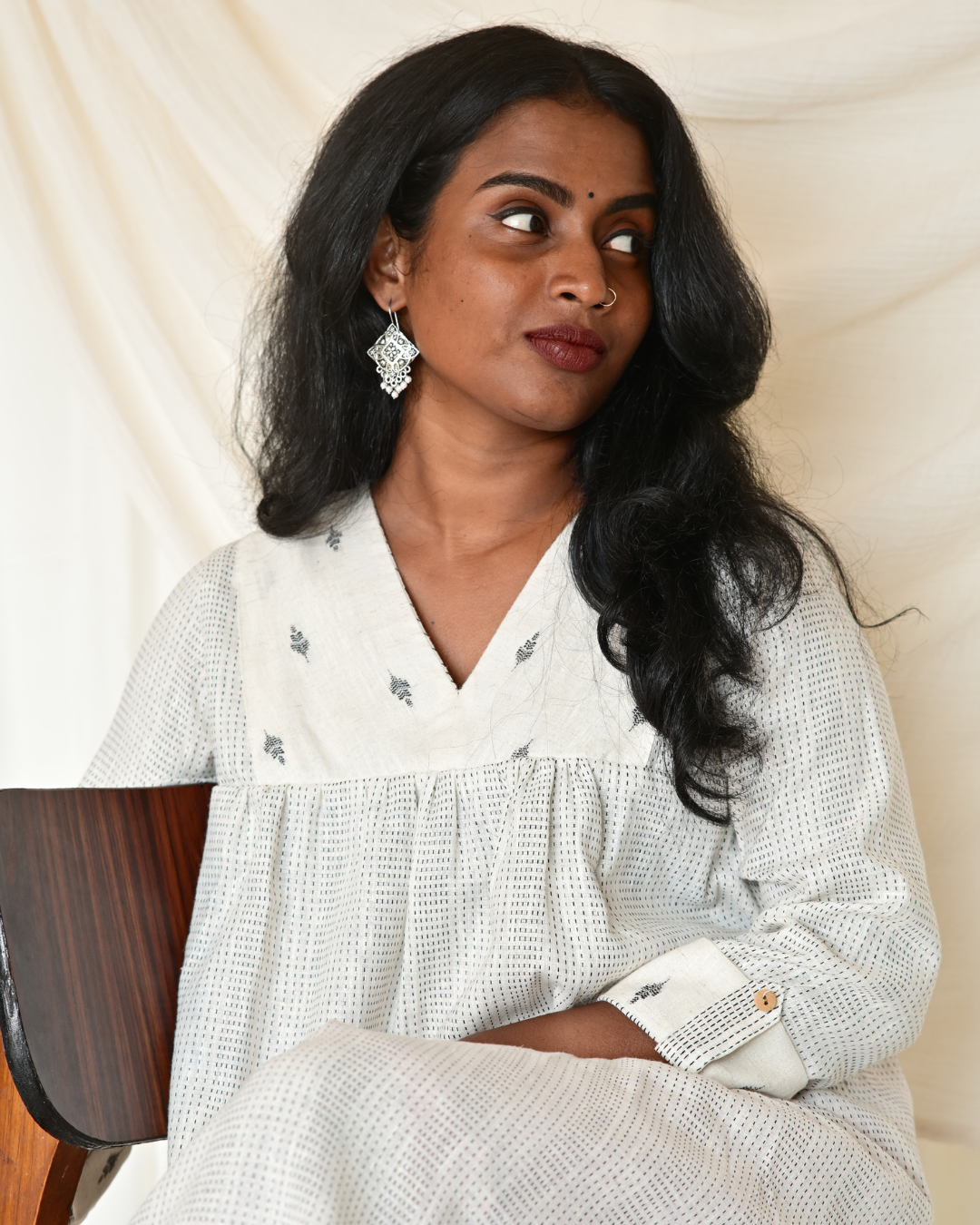 Gulmohar White Kantha Cotton Gatherd A-line dress kurti