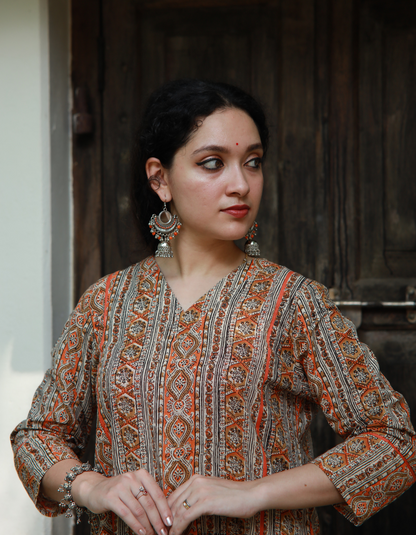 Orange and Beige V neck Kurti with Cotton Pant and Dupatta  SET