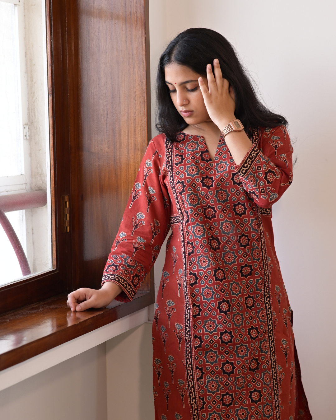 "DHOOP" Red Ajrakh Hand Block Printed Cotton Kurti