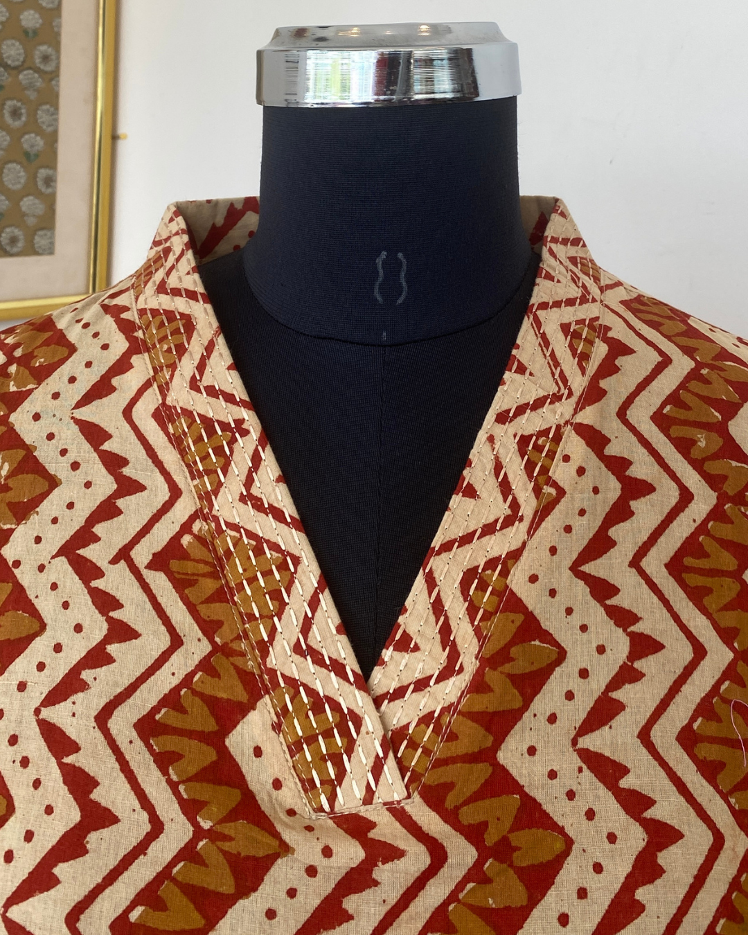 Bagru Hand Block Print With Kantha Embroidery  V Neck Kurti
