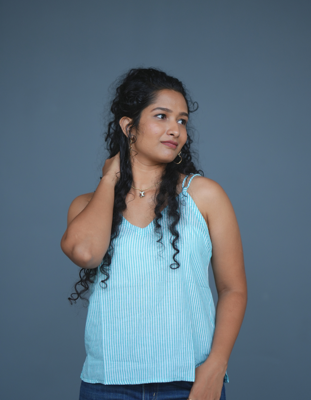 White And Blue Blue Striped Spaghetti Top