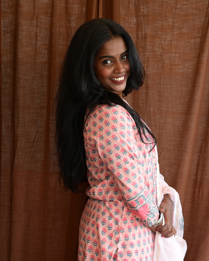 "NIRAM" Light Peach Sanganeri Hand block printed cotton kurti set with Kota Doriya dupatta