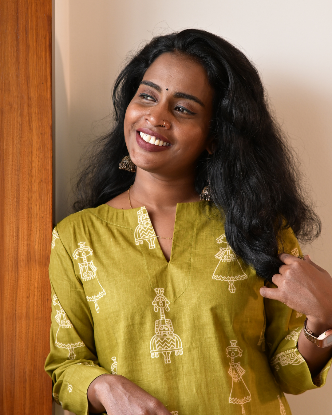 LEHRAA - Olive Green Warli Printed Slit Neck Kurti