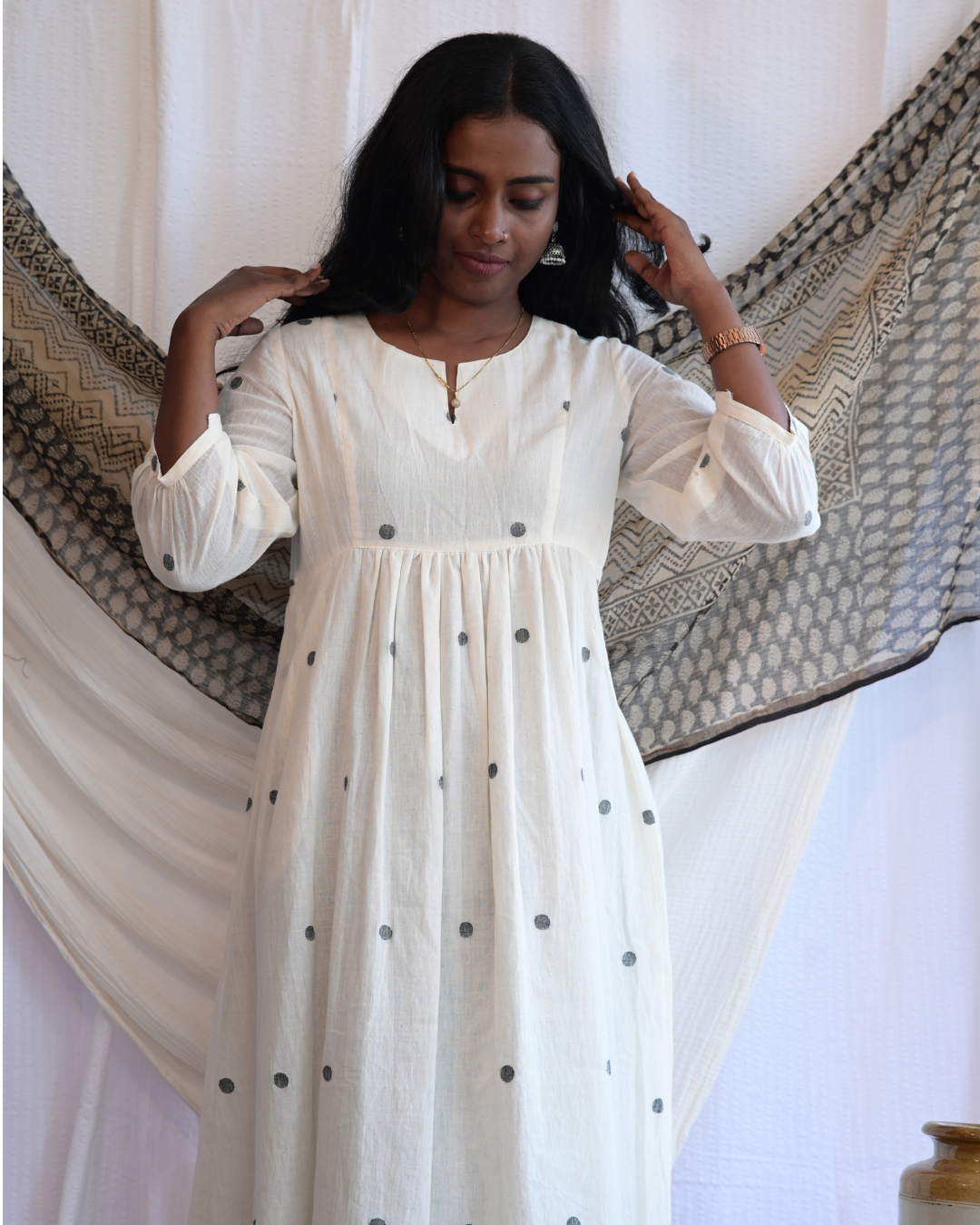 BENGAL JAMDANI HANDLOOM COTTON POLCADOT GATHERED DRESS
