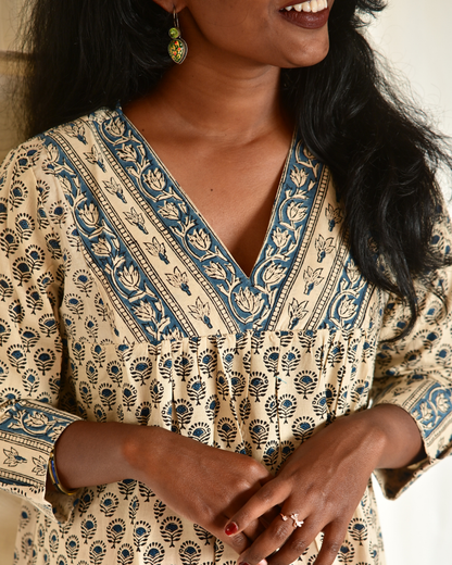 Gulmohar Beige and Blue Handblock Printed Gatherd A-line dress kurti