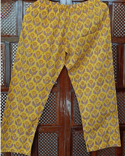 "NIRAM" Yellow Sanganeri Printed Cotton Kurti Set with Kota Doriya Dupatta.