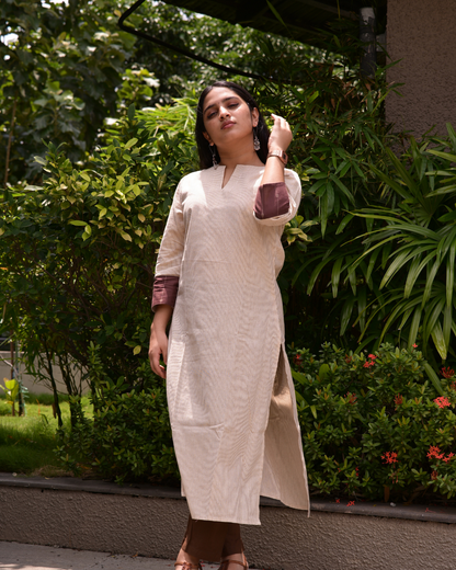 LEHRAA - Cream Striped South Cotton Slit Neck Kurti