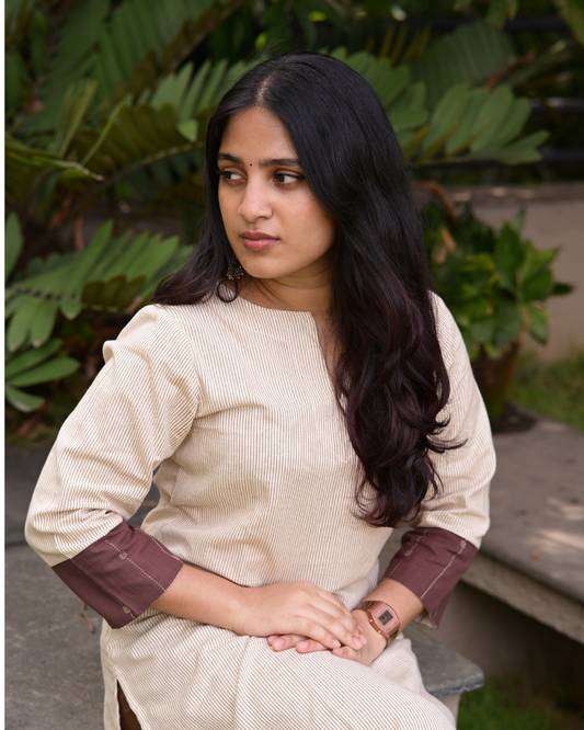 LEHRAA - Cream Striped South Cotton Slit Neck Kurti