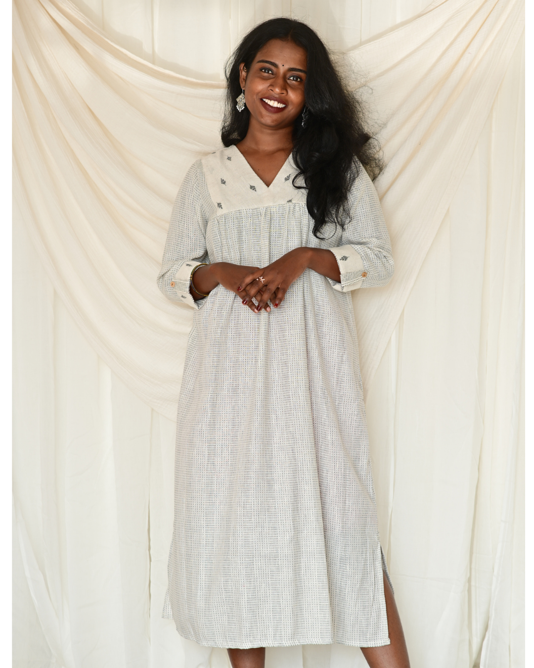 Gulmohar White Kantha Cotton Gatherd A-line dress kurti