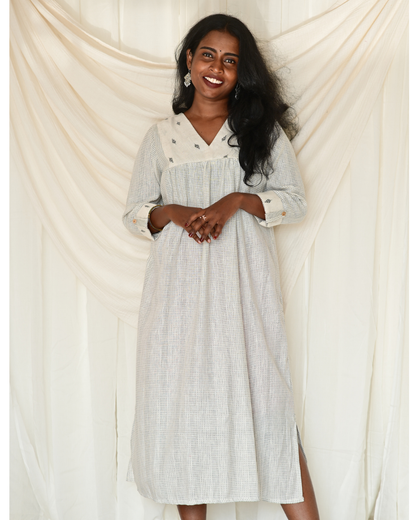 Gulmohar White Kantha Cotton Gatherd A-line dress kurti