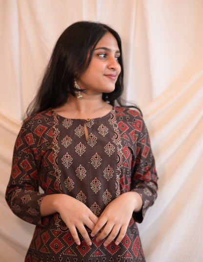 Kadha brown Ajrakh Handblock geometrical  Printed Cotton Kurti