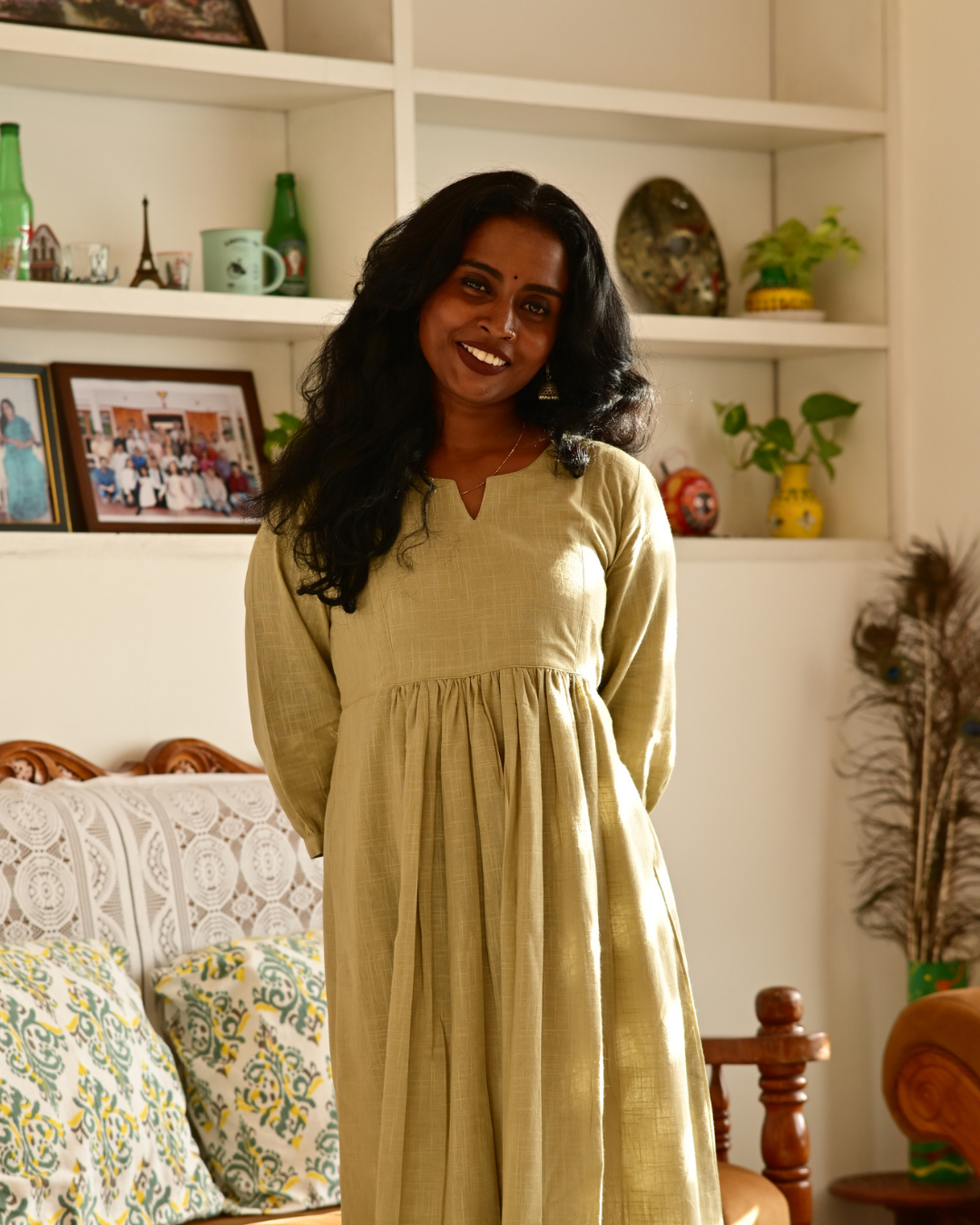 LIME GREEN SLUB COTTON GATHERED DRESS