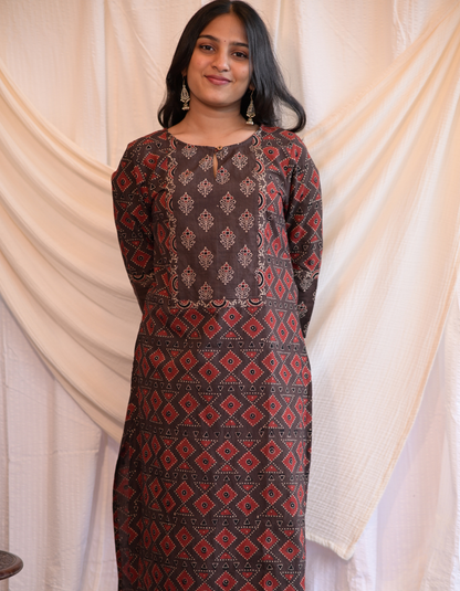 Kadha brown Ajrakh Handblock geometrical  Printed Cotton Kurti