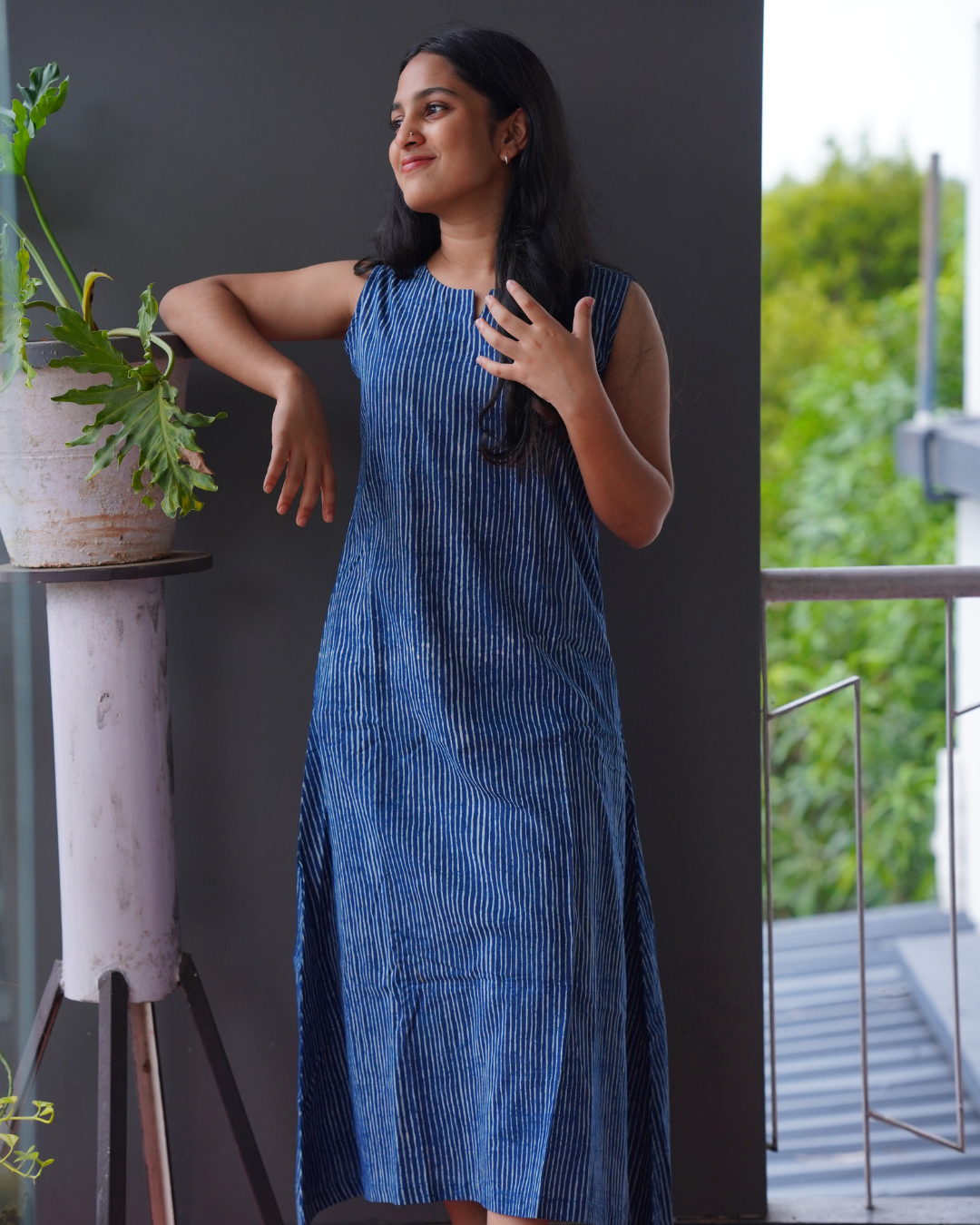 INDIGO STRIPES A-LINE DRESS