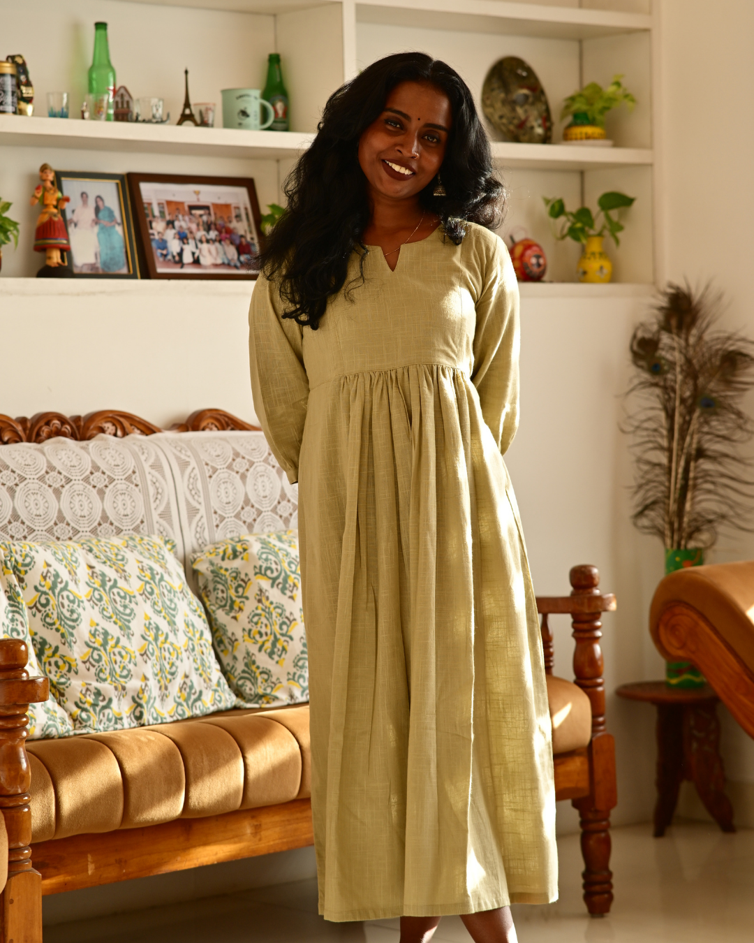 LIME GREEN SLUB COTTON GATHERED DRESS