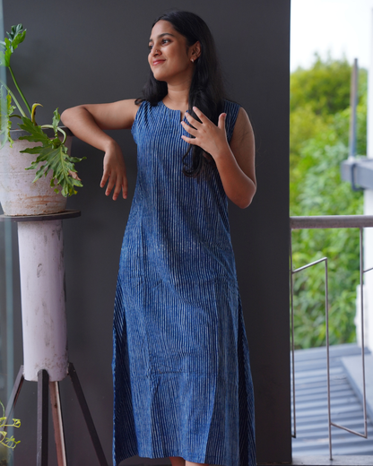 INDIGO STRIPES A-LINE DRESS