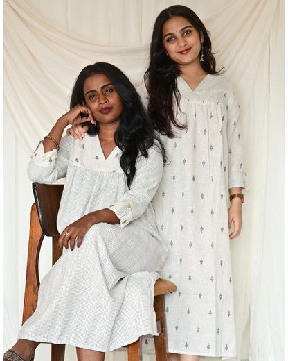 Gulmohar White Butta Cotton Gatherd A-line dress kurti