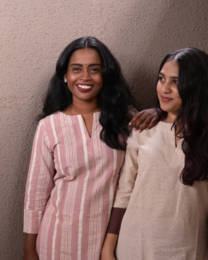 LEHRAA - Cream Striped South Cotton Slit Neck Kurti