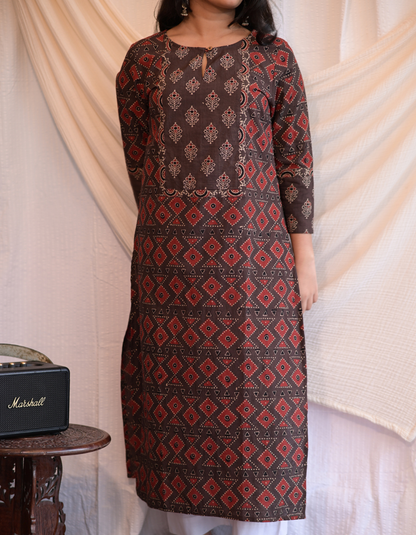 Kadha brown Ajrakh Handblock geometrical  Printed Cotton Kurti