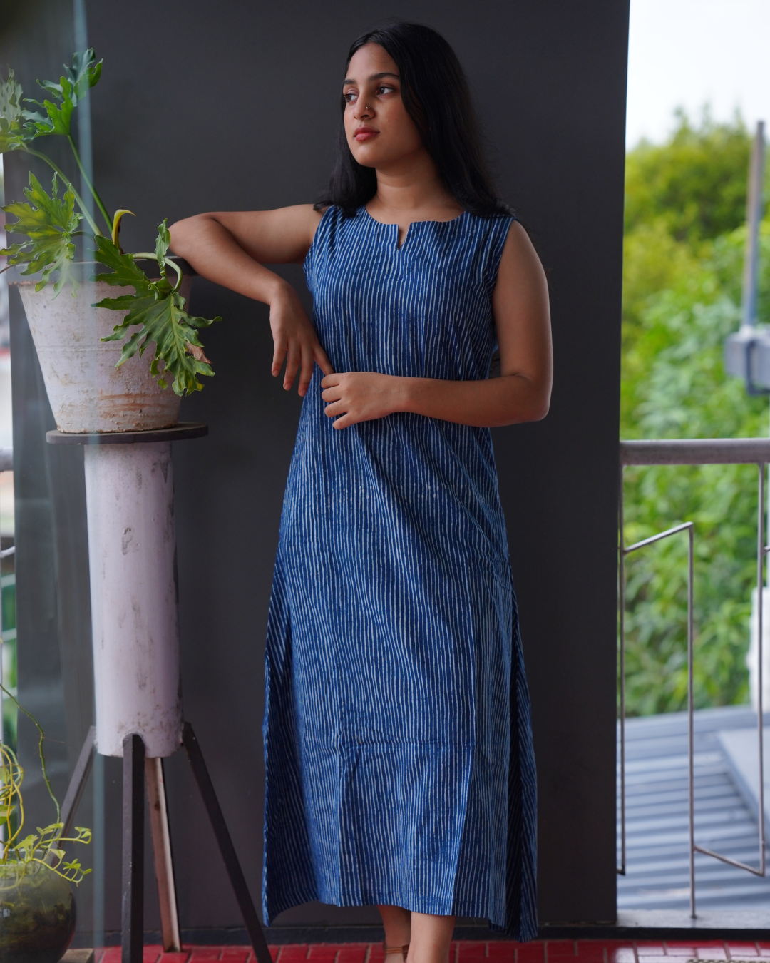 INDIGO STRIPES A-LINE DRESS