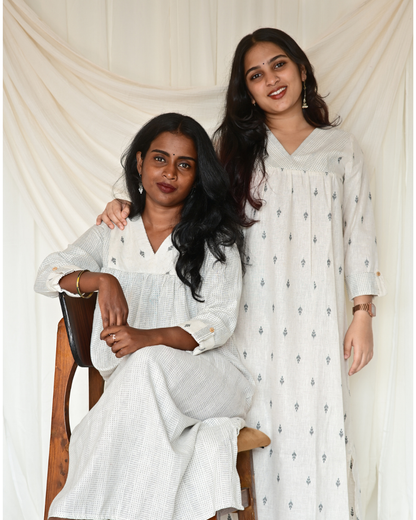 Gulmohar White Kantha Cotton Gatherd A-line dress kurti
