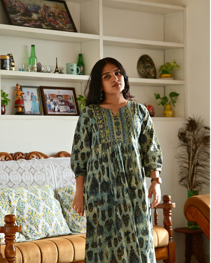 Hand Block Warli Print Jahota Gathered Dress