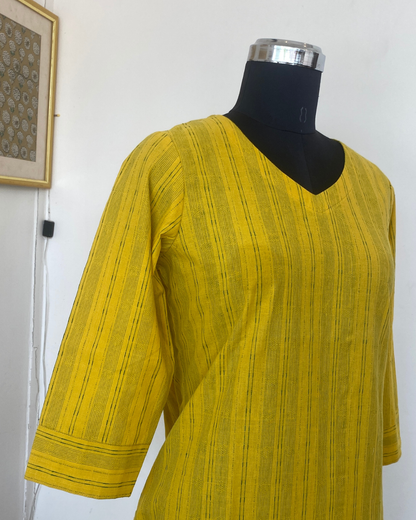 ROOH - YELLOW SOUTH COTTON  CURVD -V NECK KURTI
