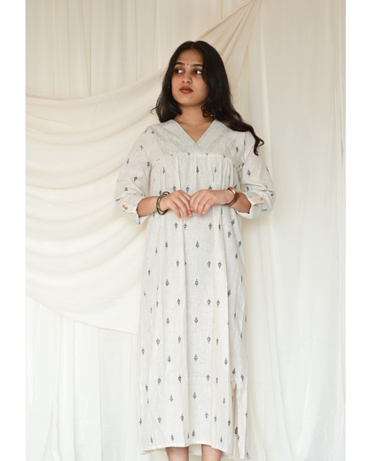 Gulmohar White Butta Cotton Gatherd A-line dress kurti