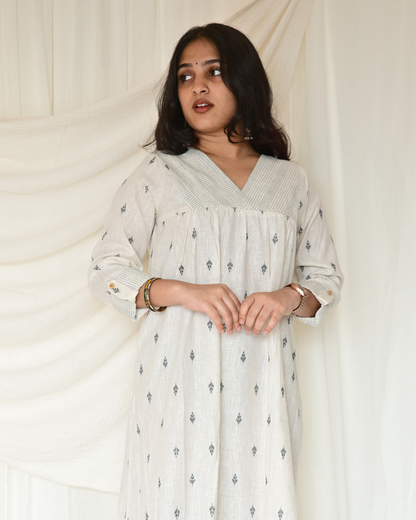 Gulmohar White Butta Cotton Gatherd A-line dress kurti