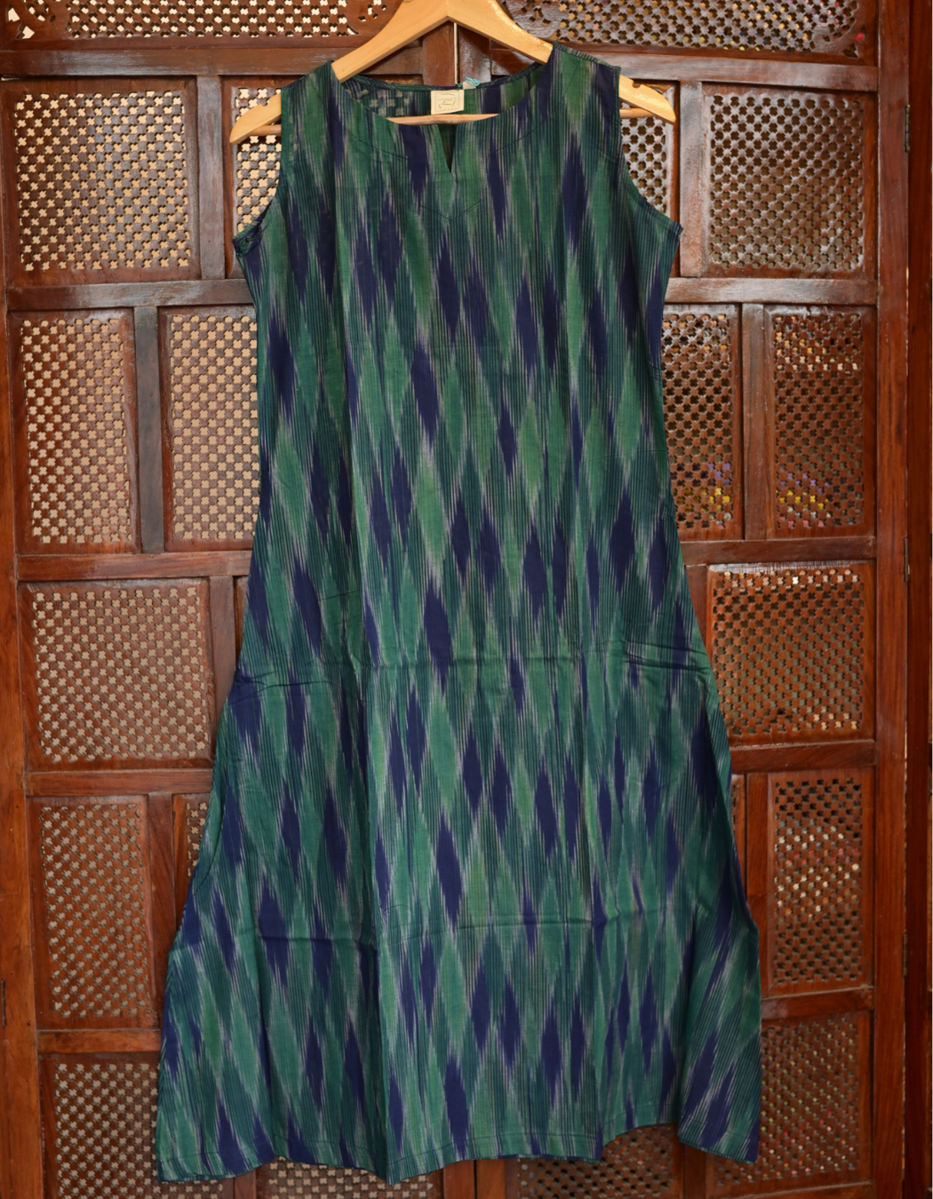 GREEN AND BLUE IKAT PRINT "A-LINE DRESS"