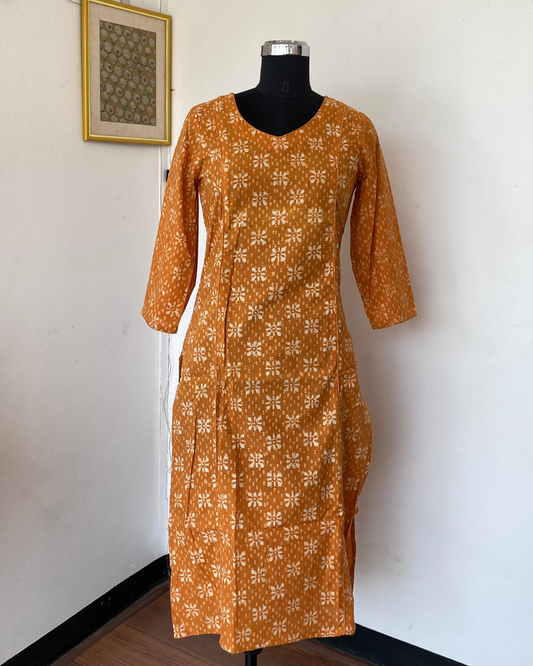 Orange Dabu Hand Block Print  V Neck  Kurti