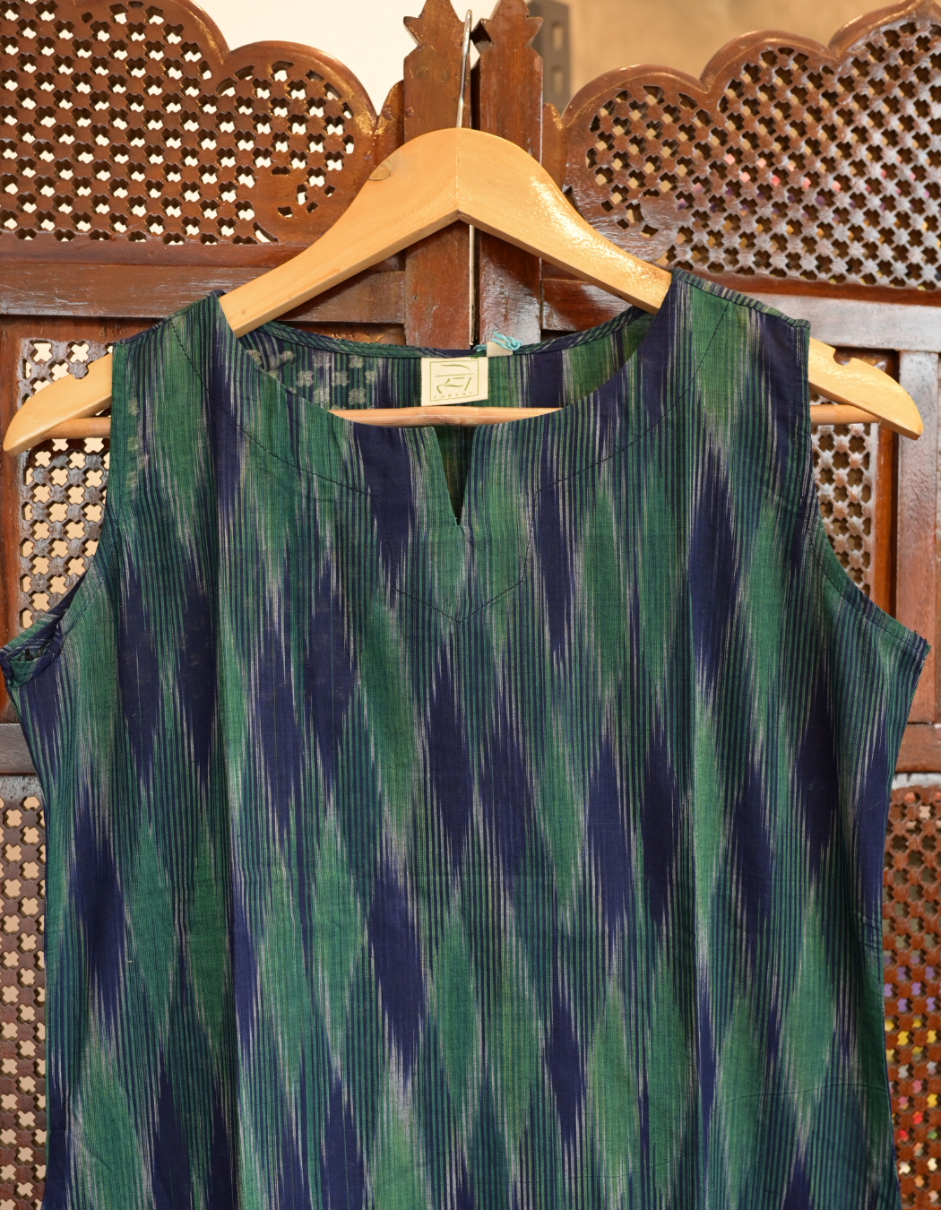 GREEN AND BLUE IKAT PRINT "A-LINE DRESS"