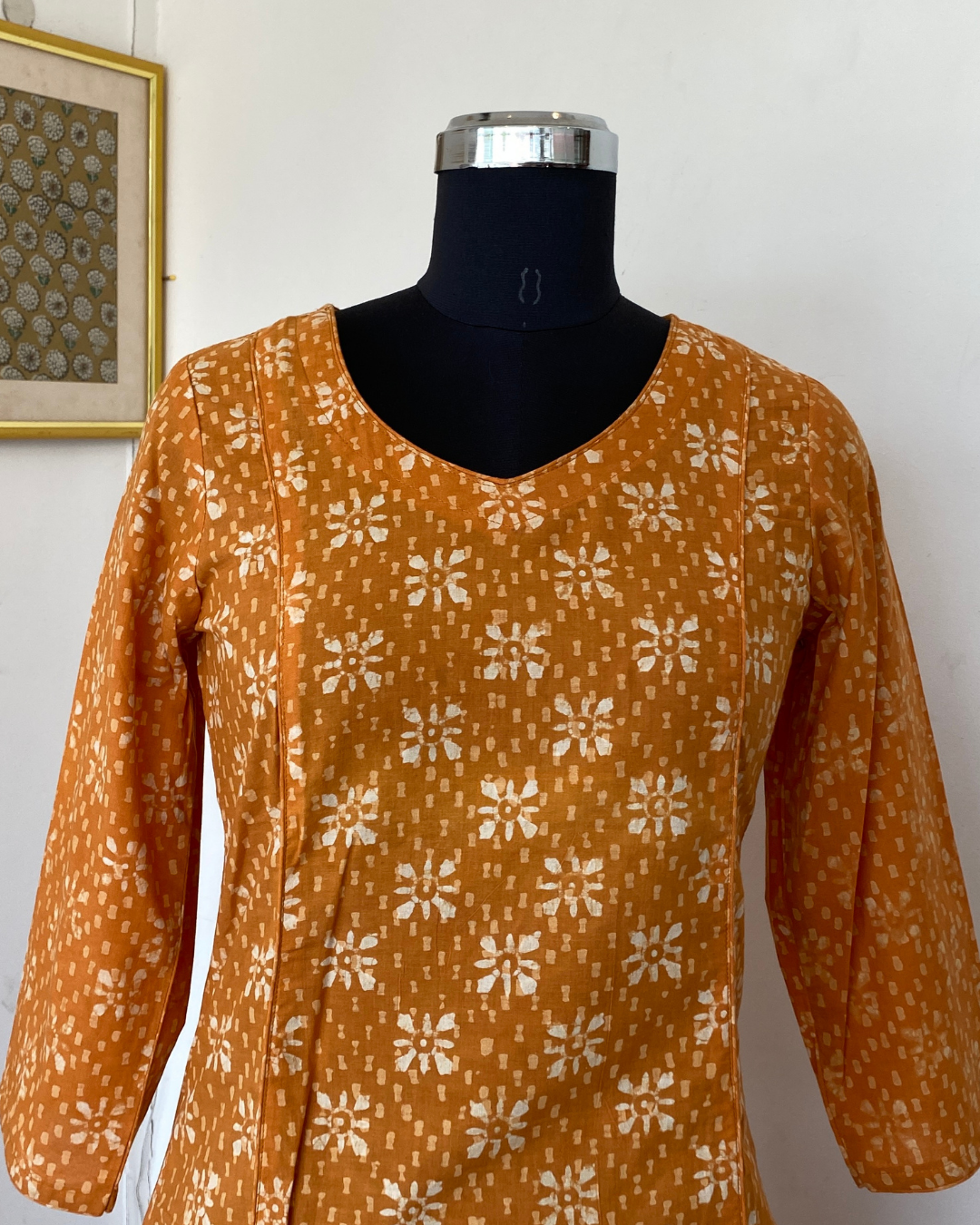 Orange Dabu Hand Block Print  V Neck  Kurti