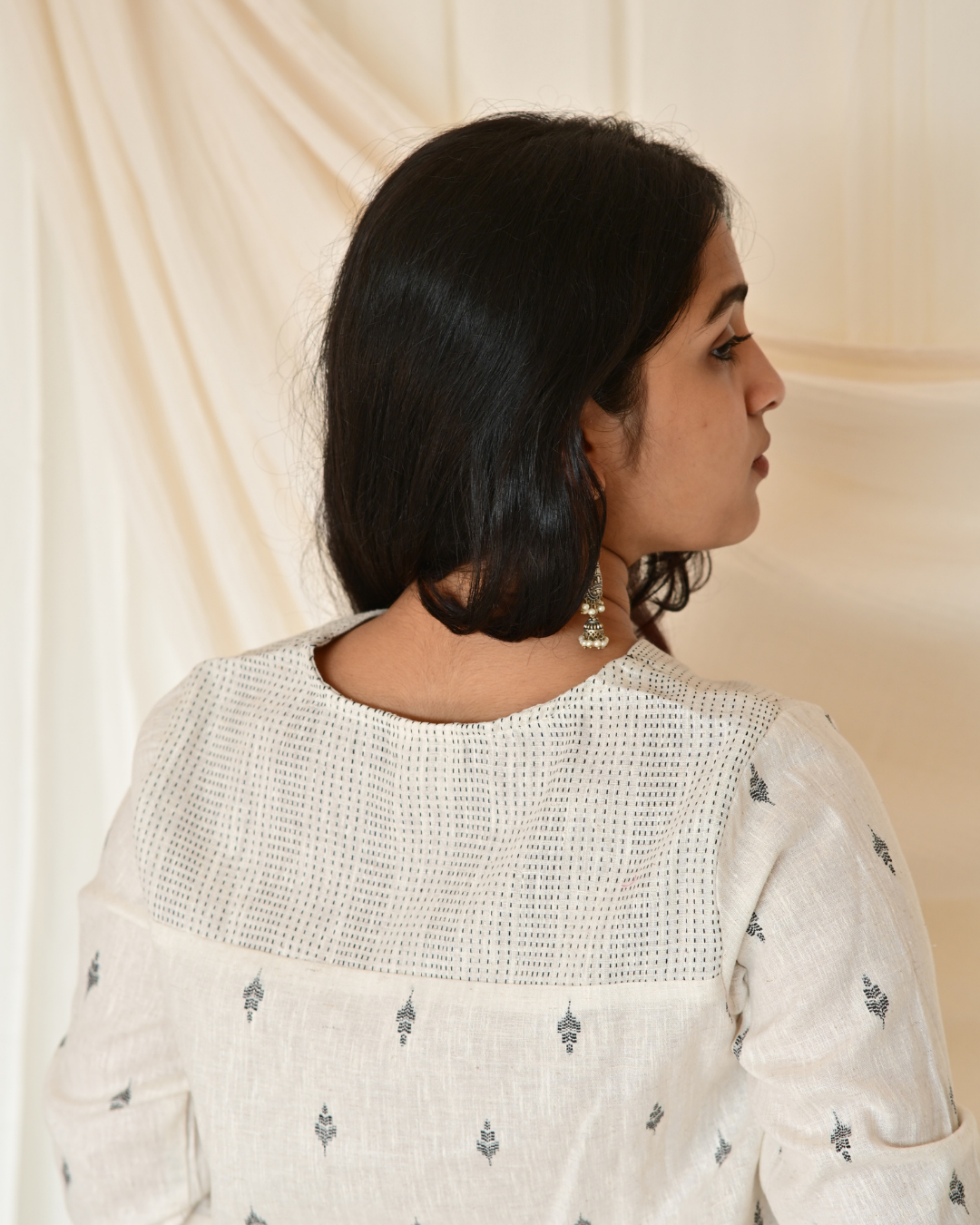 Gulmohar White Butta Cotton Gatherd A-line dress kurti