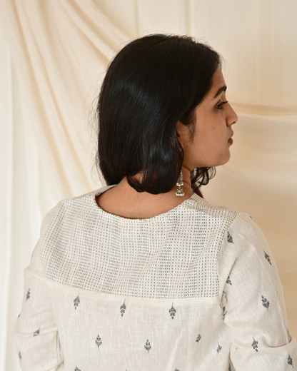 Gulmohar White Butta Cotton Gatherd A-line dress kurti