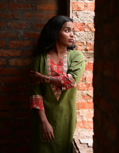 "TARA" OLIVE GREEN BASE RED HAND BLOCK PRINTED PATCH KURTI