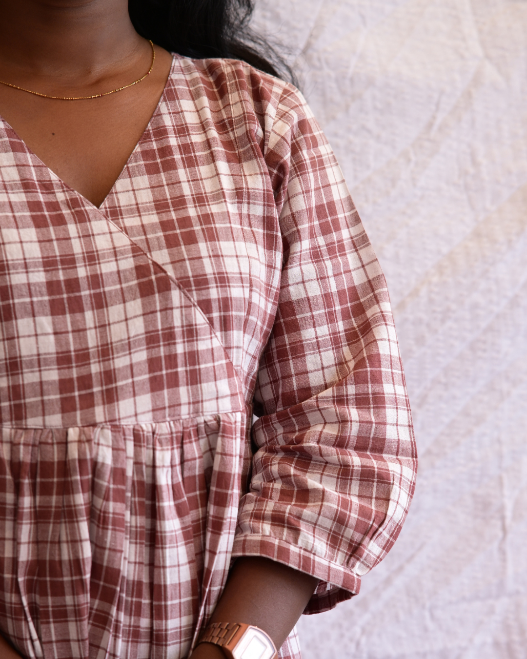 BENGAL HANDLOOM COTTON BROWN AND WHITE CHECK GATHERED DRESS