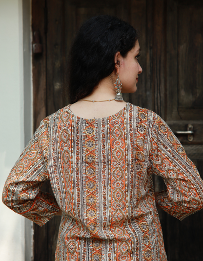 Orange and Beige V neck Kurti with Cotton Pant and Dupatta  SET