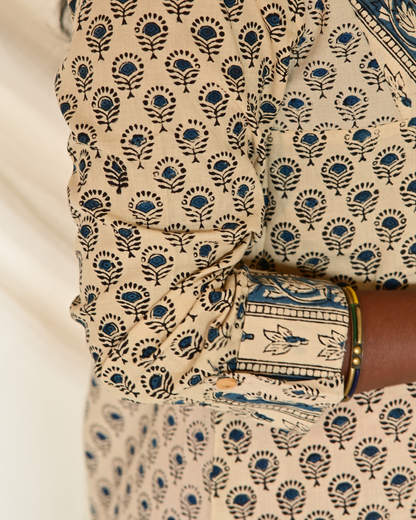 Gulmohar Beige and Blue Handblock Printed Gatherd A-line dress kurti