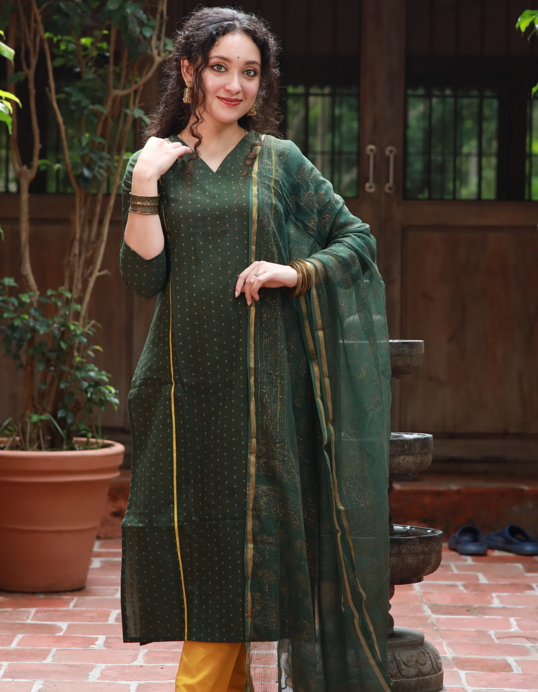 GREEN AND YELLOW KURTI SET WITH DUPARTTA